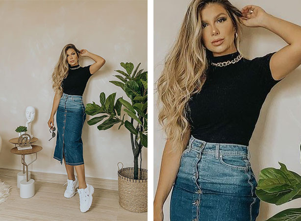 Saia jeans com abotoamento frontal