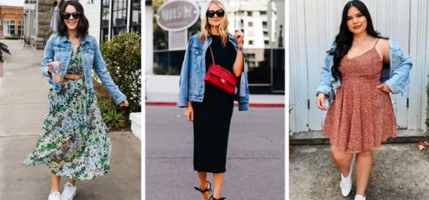 14 looks que vão inspirar você a usar sua jaqueta jeans com vestidos.